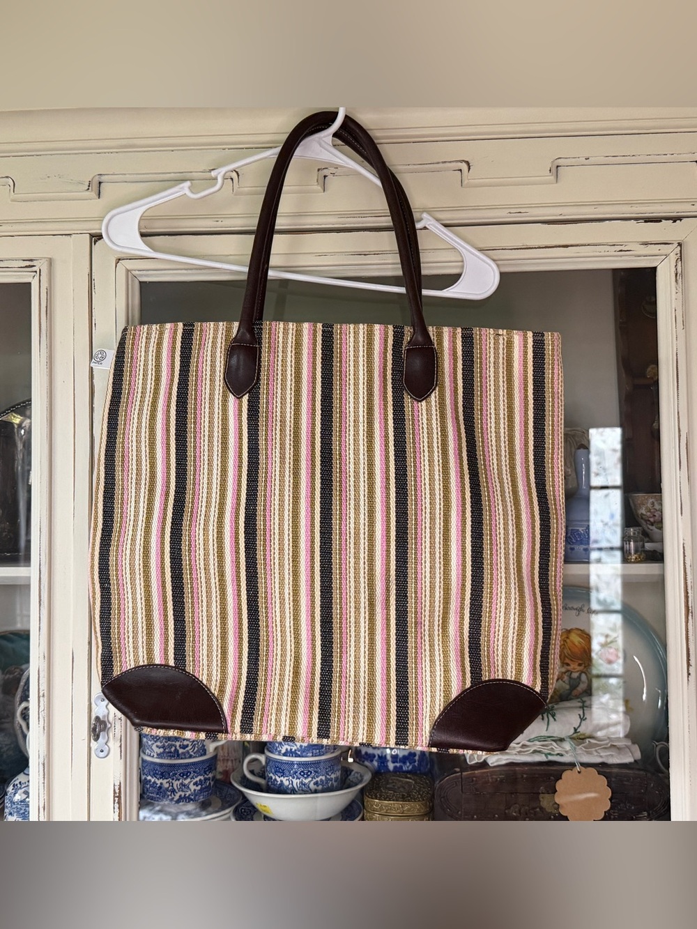 Striped Canvas Tote with Brown Leather Trim - Pink, Tan, Black